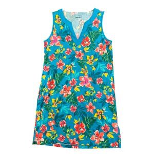 Lands' End Womens Turquoise Floral‎ Sleeveless V Neck Shift Dress Cottagecore M